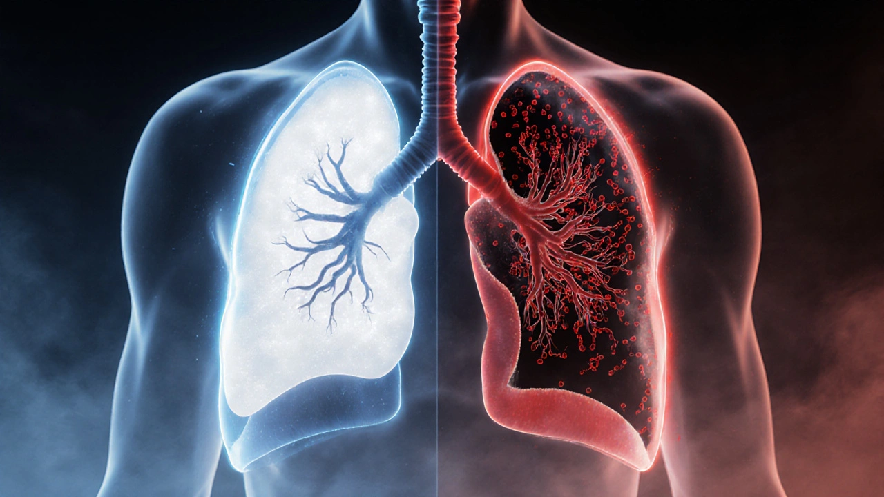 Scène divisée illustrant déséquilibre ventilation‑perfusion et tension du ventricule droit.