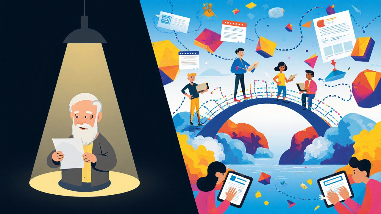 Scène divisée : personne âgée avec ordonnance papier et paysage numérique de réseaux sociaux.