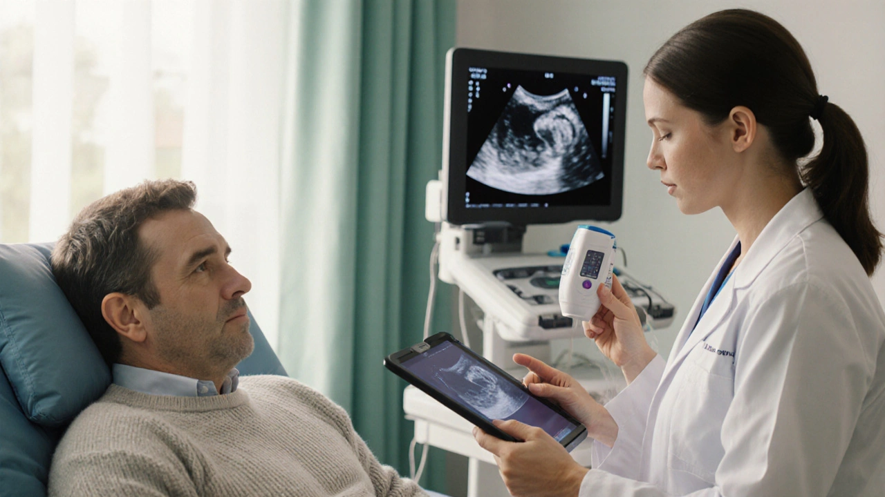 Scène médicale réaliste de suivi post‑embolie avec patient, médecin et échocarde.