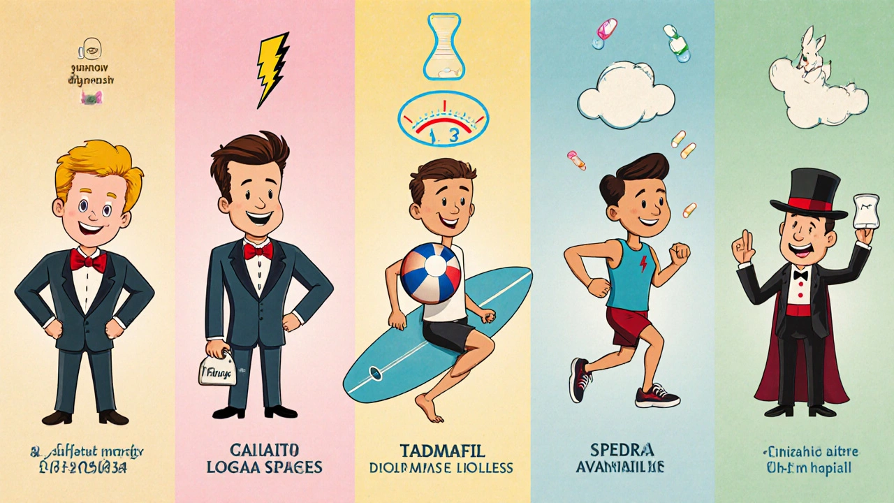 Scène vintage cartoon comparant cinq personnages symbolisant Fildena Strong, Viagra, Cialis, Levitra et Spedra.