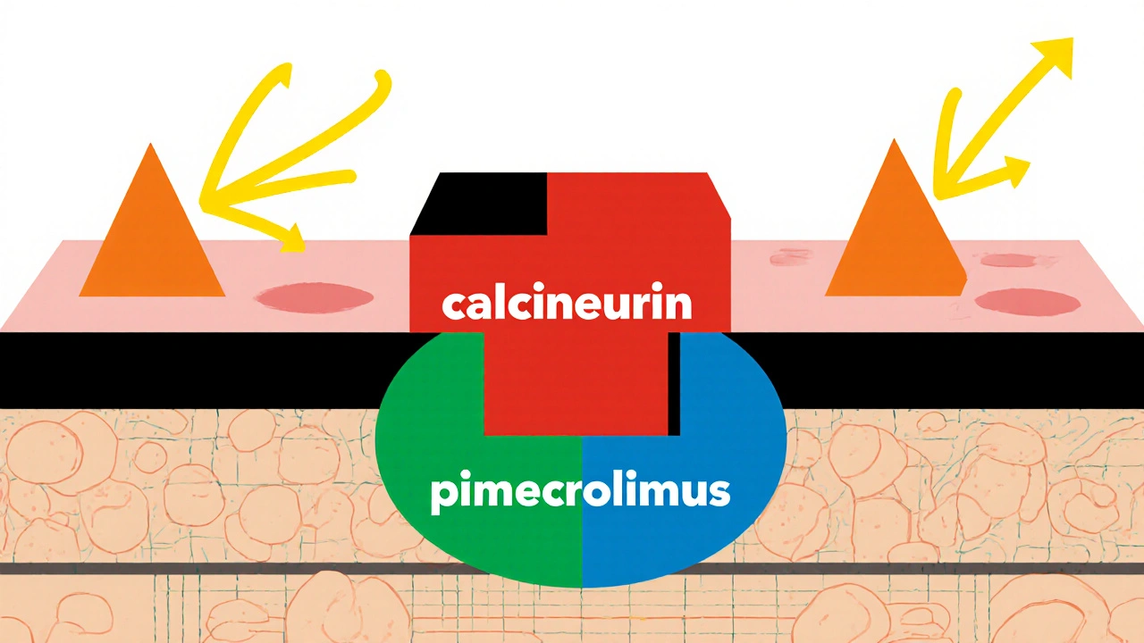 Schéma stylisé montrant le blocage de la calcineurine dans la peau par le pimecrolimus.