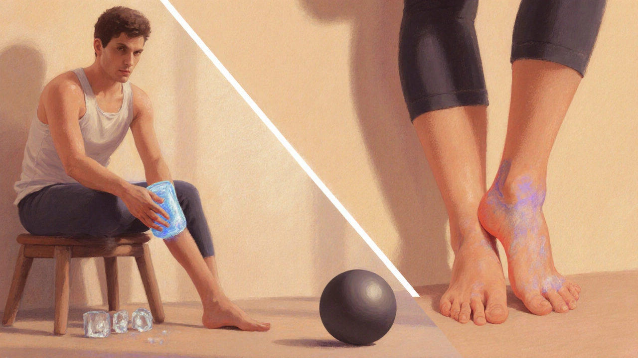 Séance de récupération : glace sur le tendon, étirement doux et auto‑massage dans une ambiance calme.