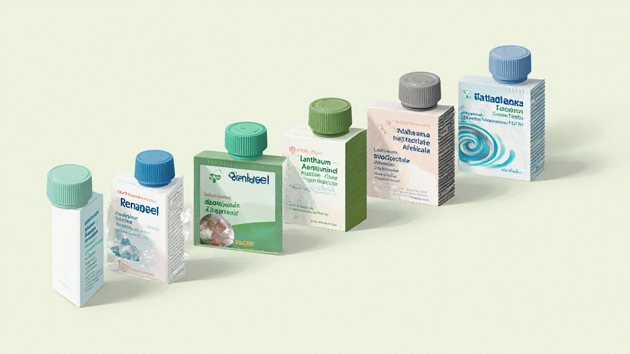 Sélection de paquets de liants de phosphate alignés, chacun avec un indice visuel distinct.