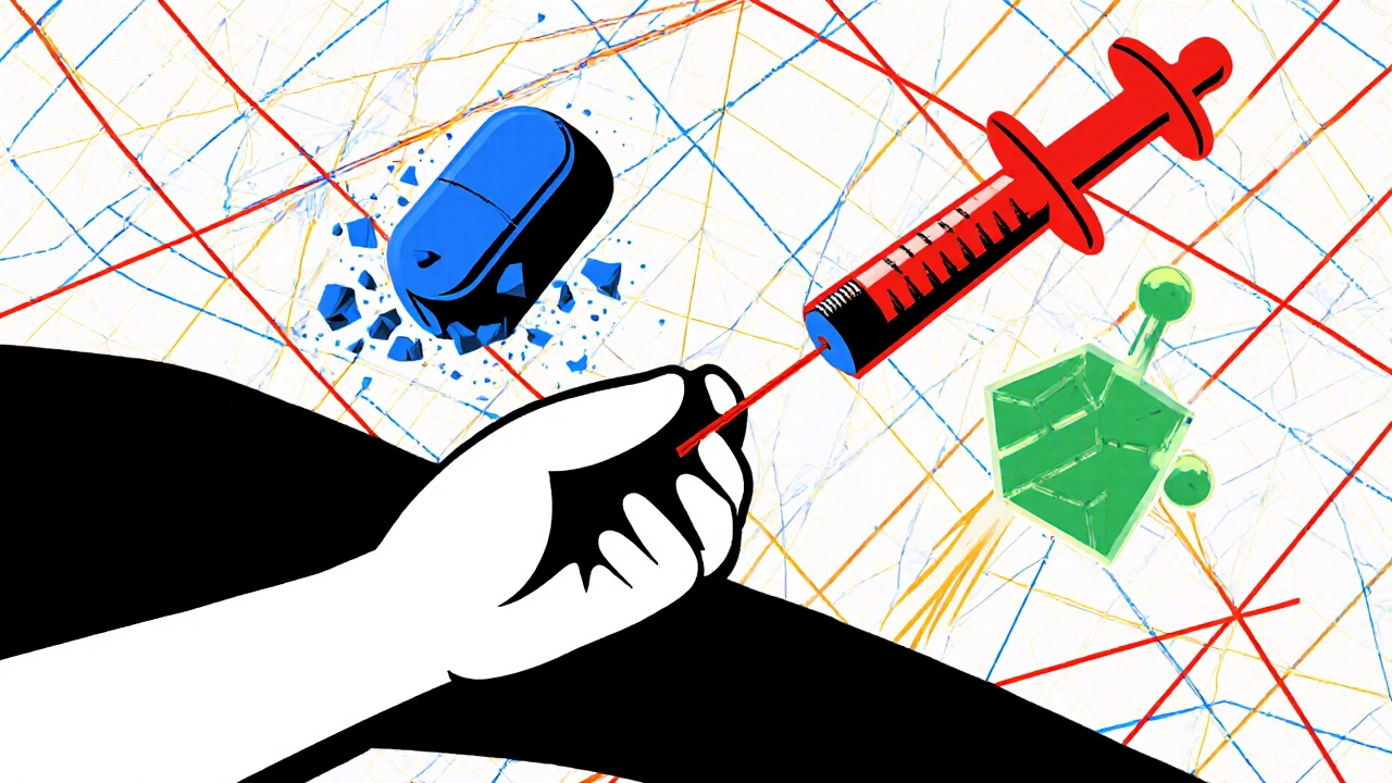 Seringue stylisée en noir et blanc, entourée d&#039;icônes contrastées de statines et d&#039;inhibiteurs PCSK9 sur fond de grille colorée.