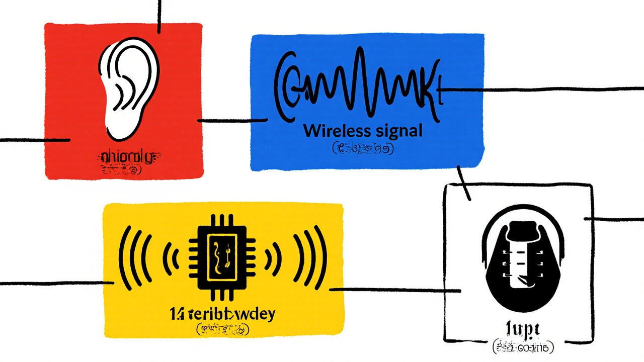 Tableau coloré des différents types d'appareils auditifs en style De Stijl.