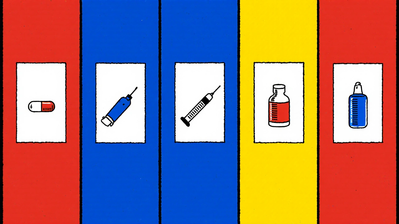 Tableau géométrique De Stijl illustrant les alternatives au Deltasone avec icônes.