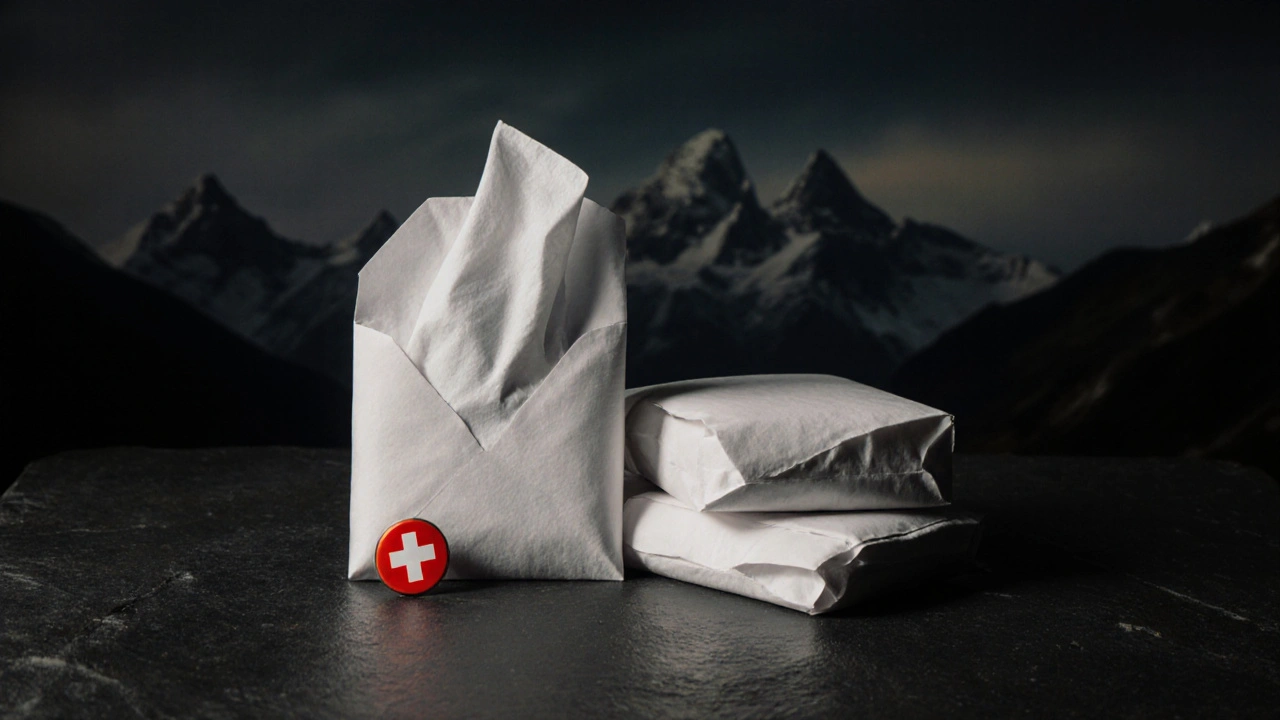 Trois paquets de médicaments génériques emballés discrètement sur fond sombre avec un petit drapeau suisse.