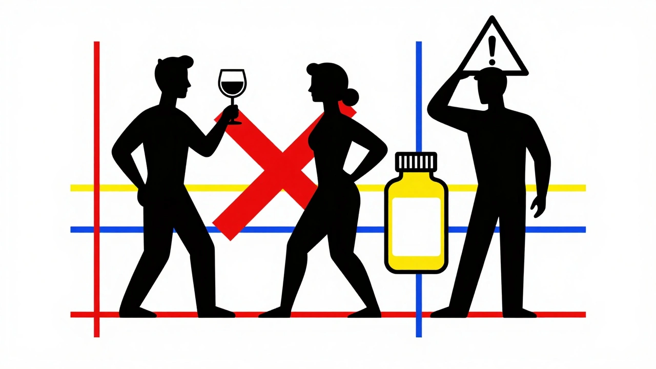 Trois silhouettes avec vin, pilule et avertissement, sur fond géométrique rouge, bleu et jaune.