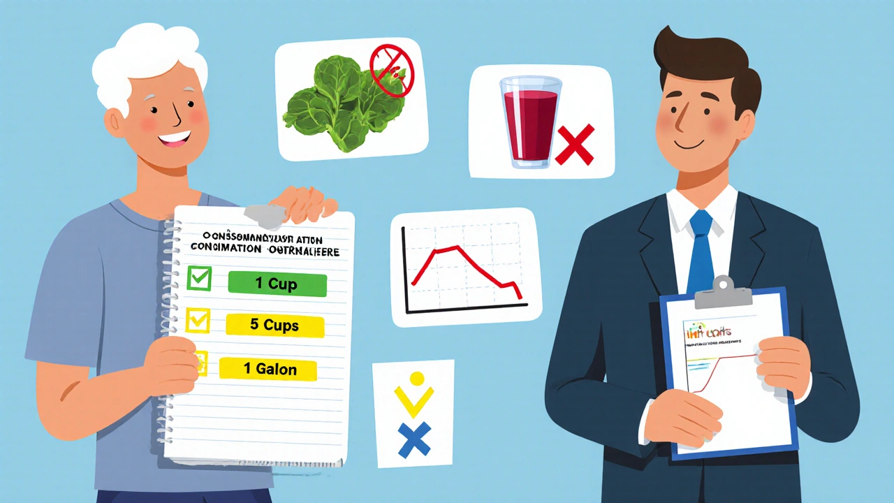 Un carnet de consommation de thé avec des niveaux d&#039;INR variables, entouré de symboles d&#039;aliments interactifs.