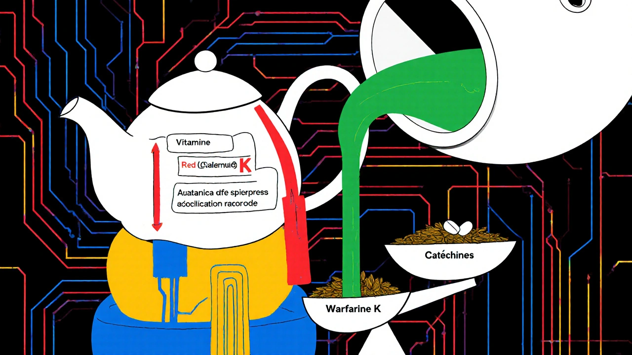Un corps humain stylisé reçoit deux flux opposés de thé vert, l&#039;un réduisant la coagulation, l&#039;autre l&#039;augmentant.
