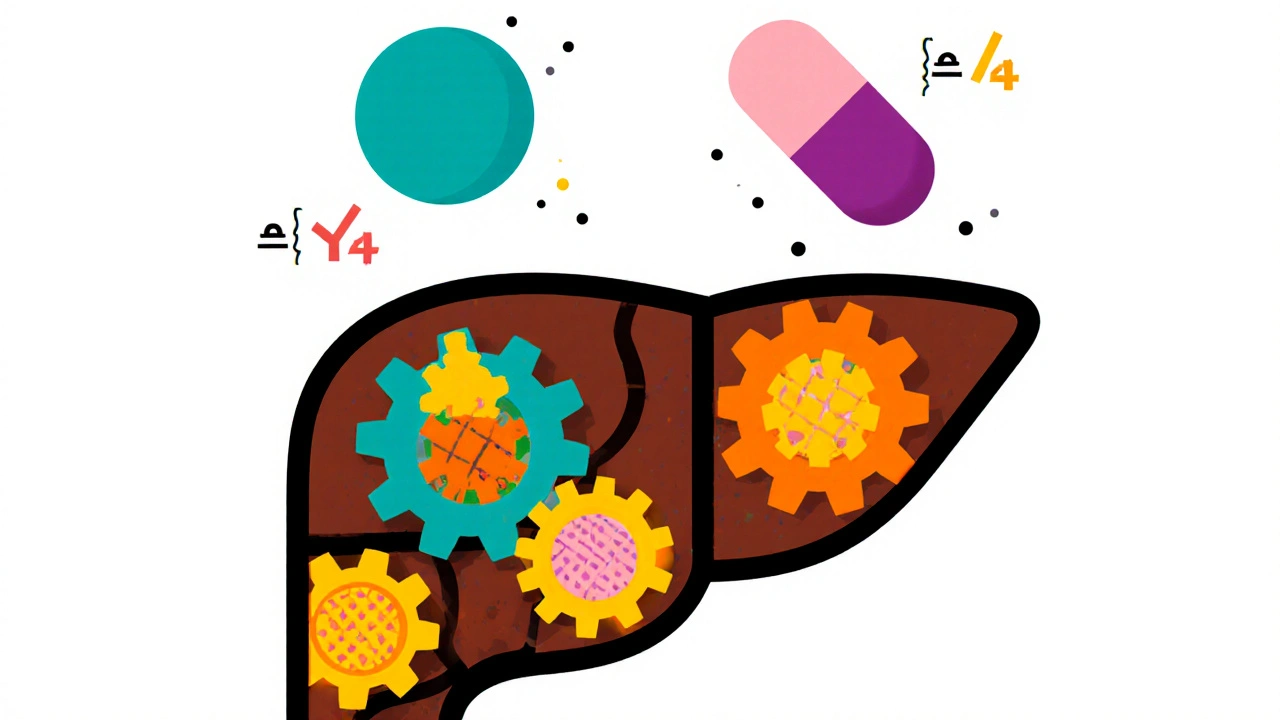 Vue stylisée du foie montrant enzymes CYP et effets des œstrogènes, en formes colorées.