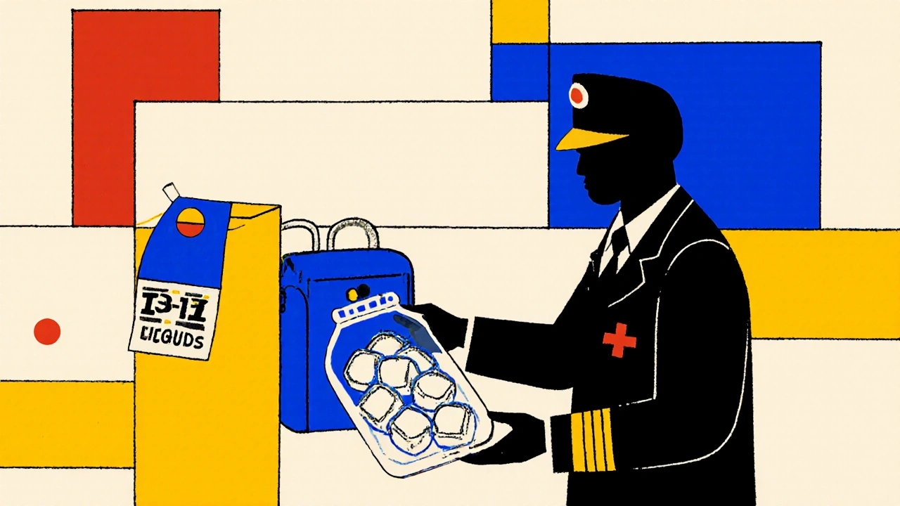 Agent de sécurité inspectant un sac réfrigéré avec des glaçons solides, séparé des autres liquides.