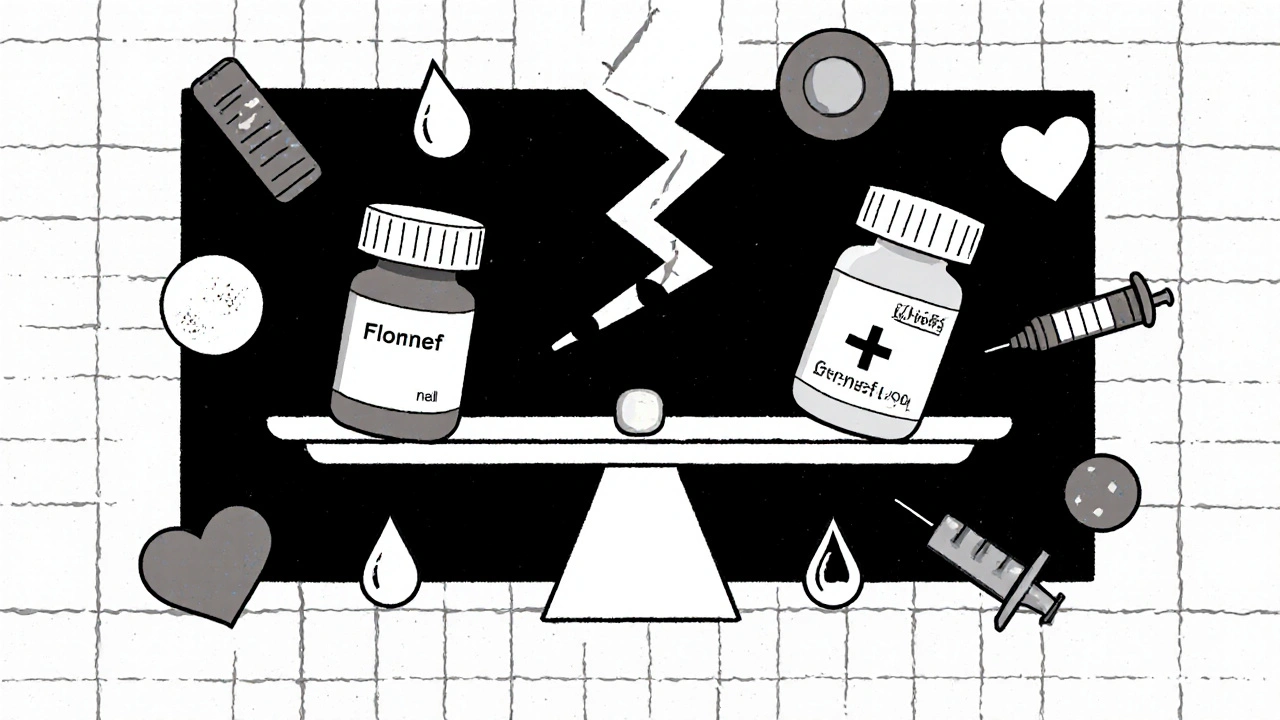 Balance entre comprimé générique et Florinef, entourée d&#039;icônes géométriques représentant les alternatives.