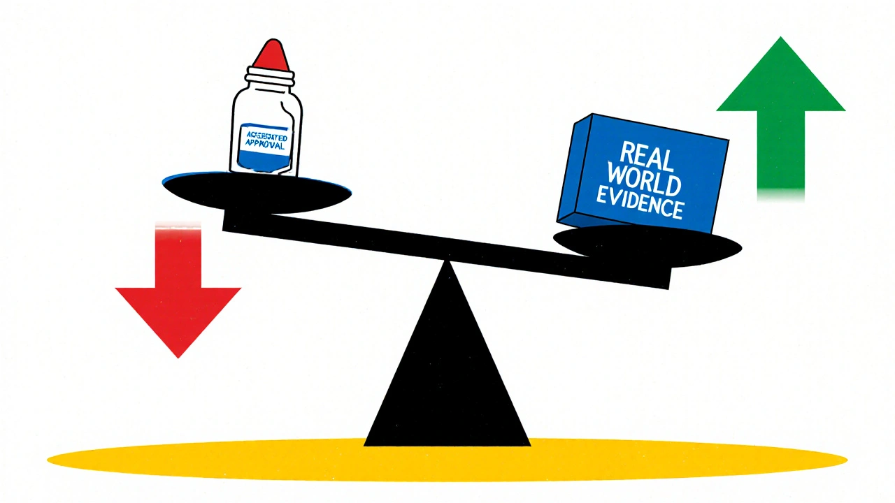 Balançoire médicale entre approbation accélérée et preuves réelles, en couleurs primaires et lignes droites.