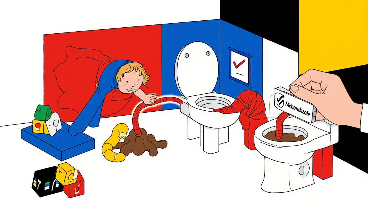 Chambre d&#039;enfant géométrique avec un enfant, un jouet et un ver sortant des selles, illustré en rouge, bleu et noir.