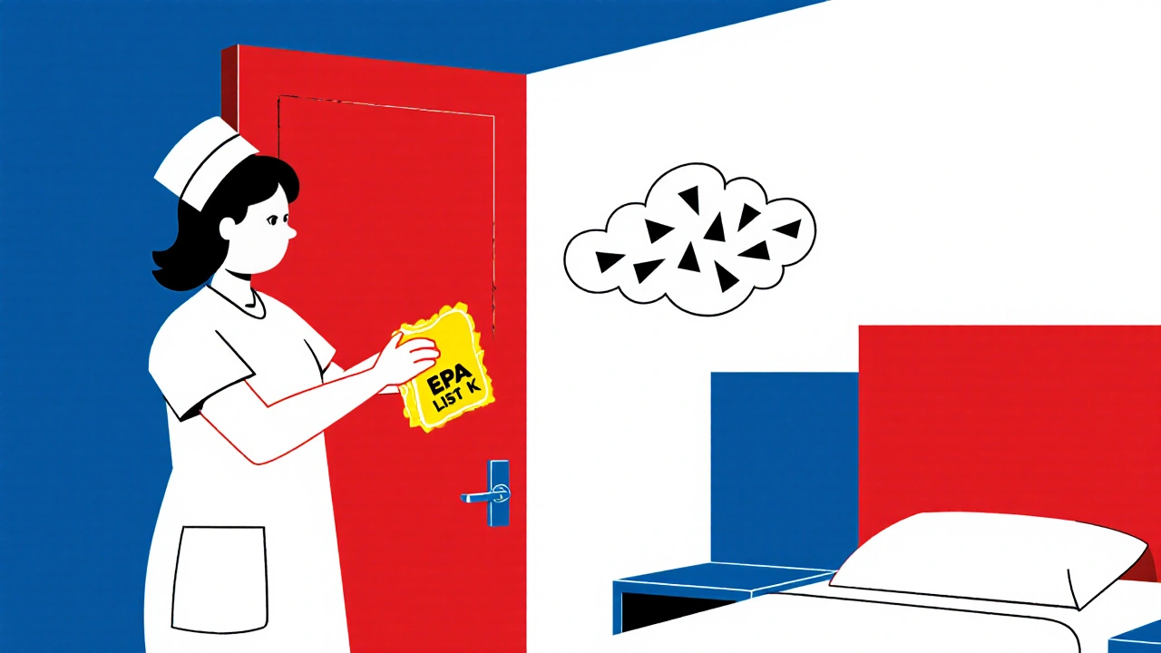 Chambre d&#039;hôpital abstraite en style De Stijl, avec une infirmière nettoyant une poignée avec un désinfectant approuvé, des spores en formes angulaires flottant dans l&#039;air.