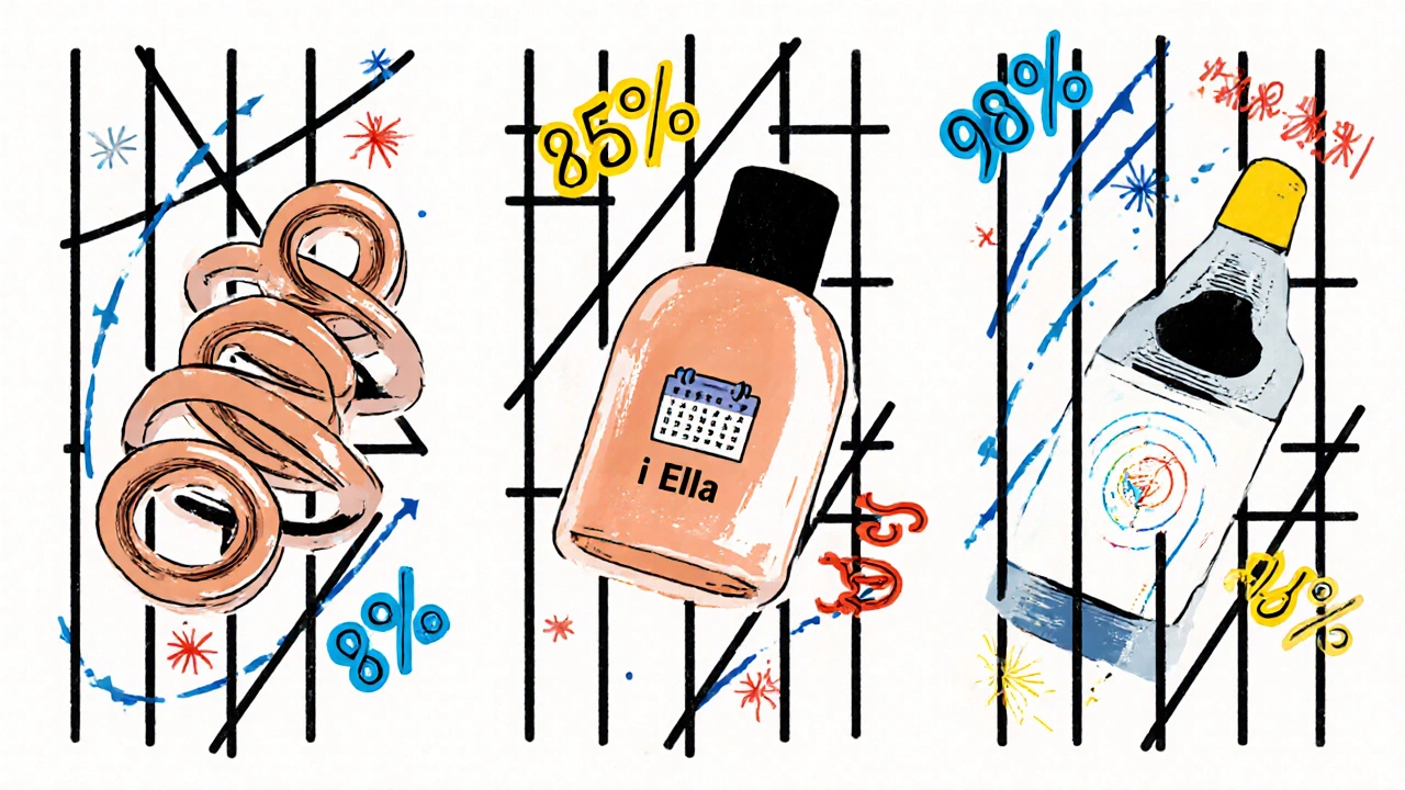 Comparaison visuelle stylisée de trois méthodes de contraception d&#039;urgence : I-Pill, Ella et stérilet au cuivre.