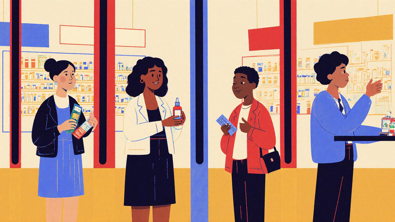 Des clients attendent en ligne dans une pharmacie avec des produits variés derrière un comptoir géométrique