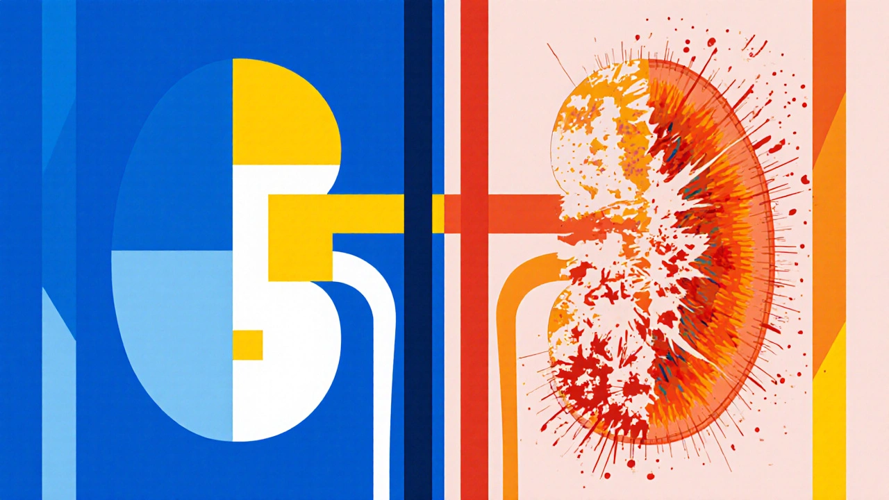 Deux reins côte à côte : sain avec des lignes nettes et malade avec des fissures et des couleurs chaotiques.