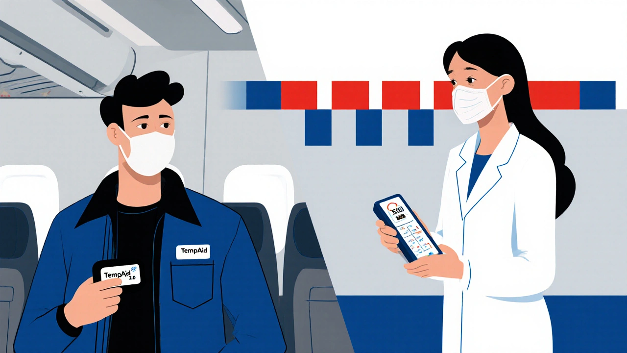 Disposition géométrique montrant le transport sécurisé d&#039;un médicament sensible en avion et en pharmacie.