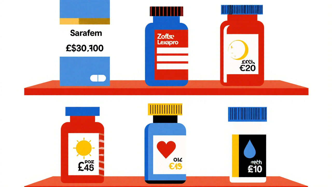 Étagère de pharmacie avec six comprimés stylisés en couleurs primaires, affichant prix et fonctions.