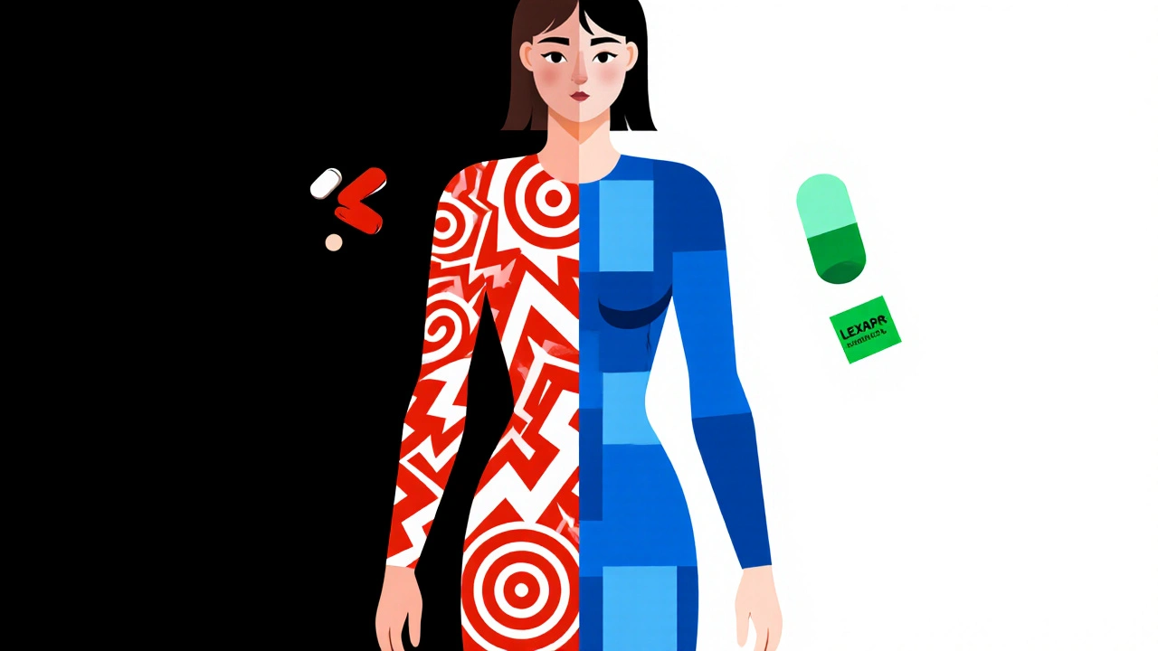 Femme abstraite en formes géométriques : symptômes émotionnels à gauche, apaisement après Lexapro à droite.