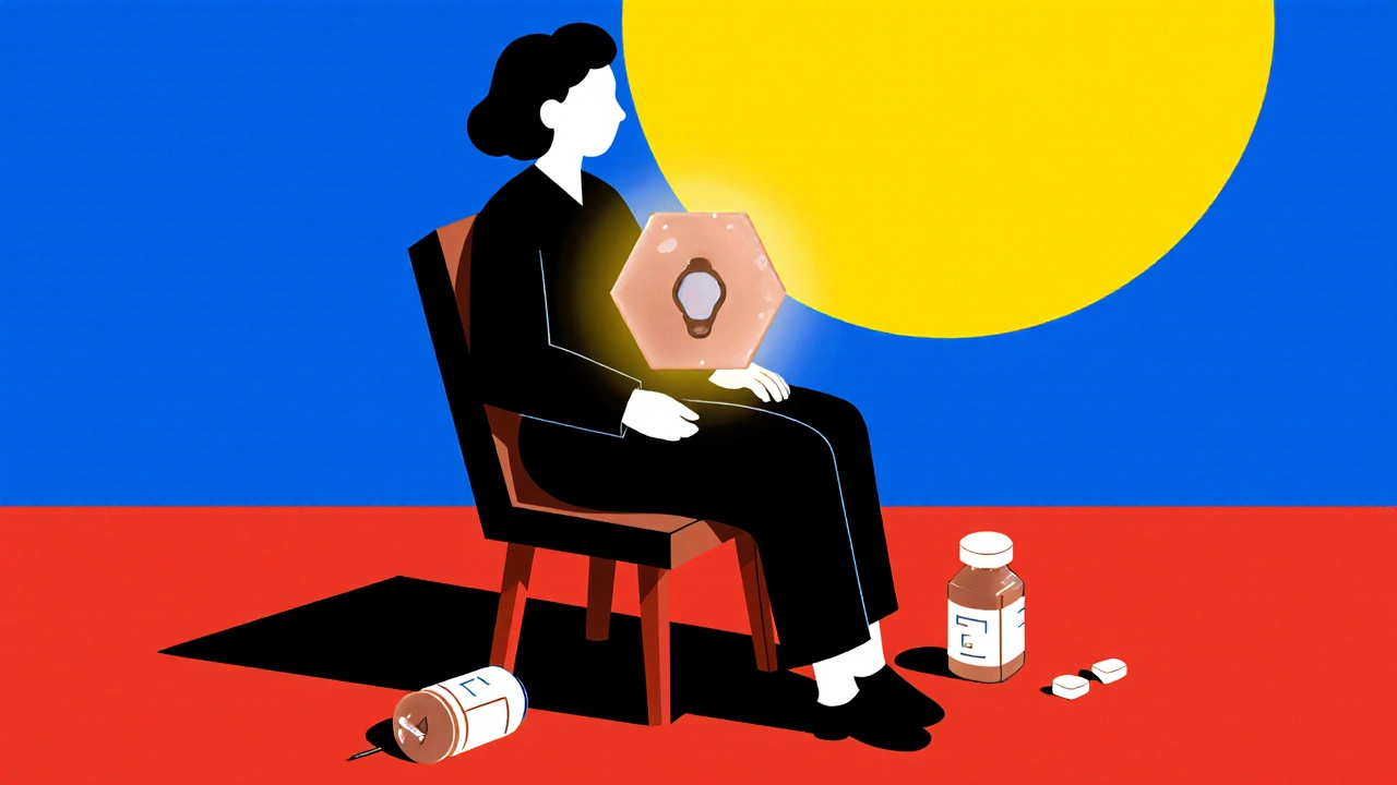 Femme avec un stérilet au cuivre comme symbole de protection durable, les pilules d&#039;urgence à ses pieds.