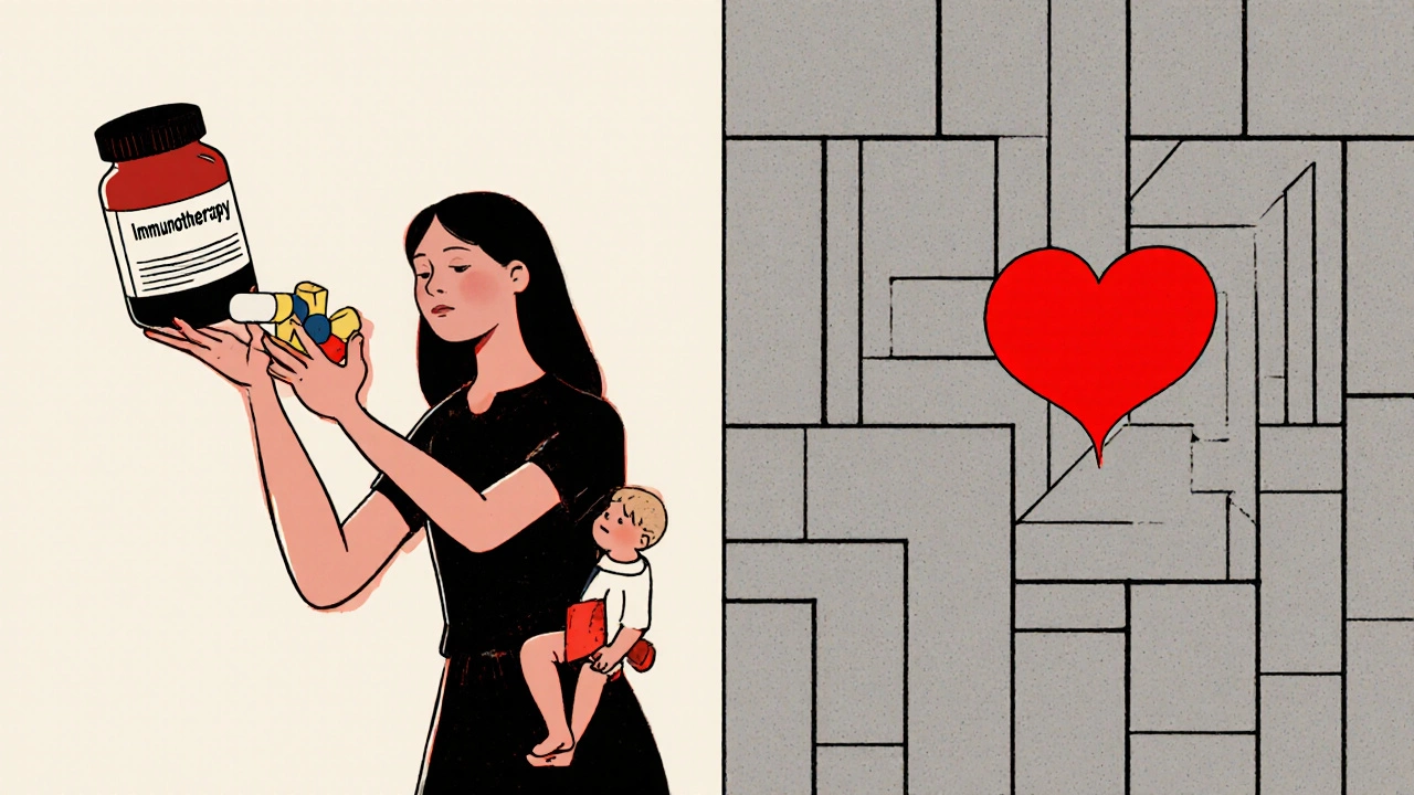 Femme divisée entre un médicament coûteux et son enfant, représentée en formes géométriques.