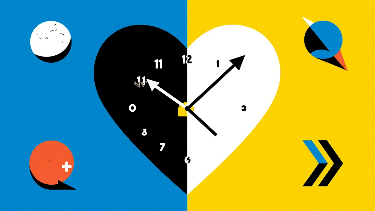 Horloge sur un cœur décomposé en deux états, symboles de sommeil et mouvement en formes géométriques, style De Stijl.