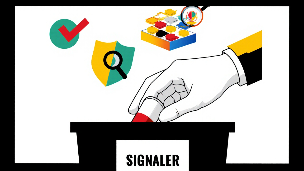 Main déposant un médicament suspect dans une poubelle de signalement, entourée d&#039;icônes géométriques protectrices.