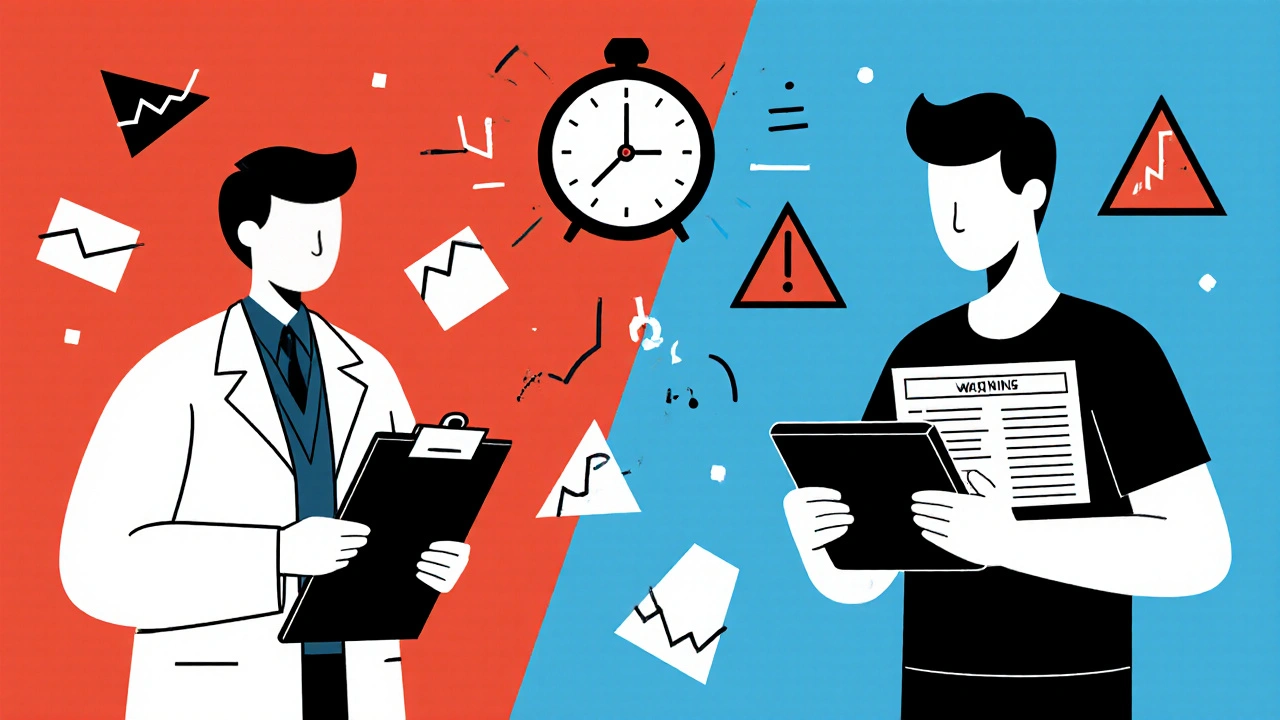 Médecin et patient face à des données médicales en formes abstraites, représentant le retard de retrait.