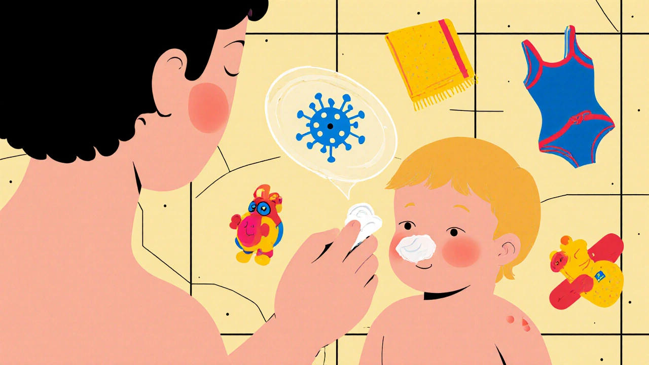 Parent appliquant une crème sur une lésion cutanée, des objets quotidiens flottent autour dans un style géométrique.