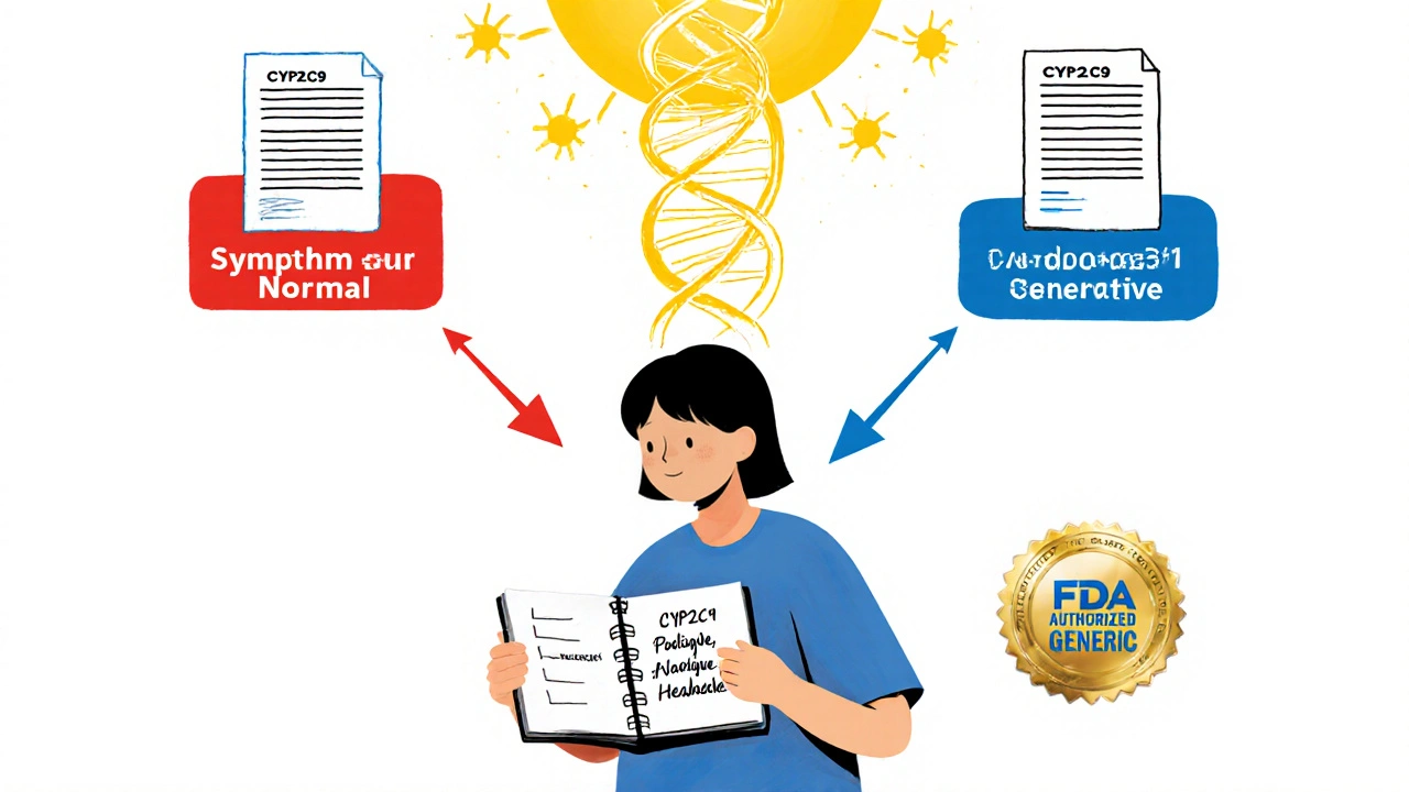 Patient avec un carnet de symptômes et une hélice ADN montrant deux voies métaboliques, entourée de rectangles rouges et bleus.