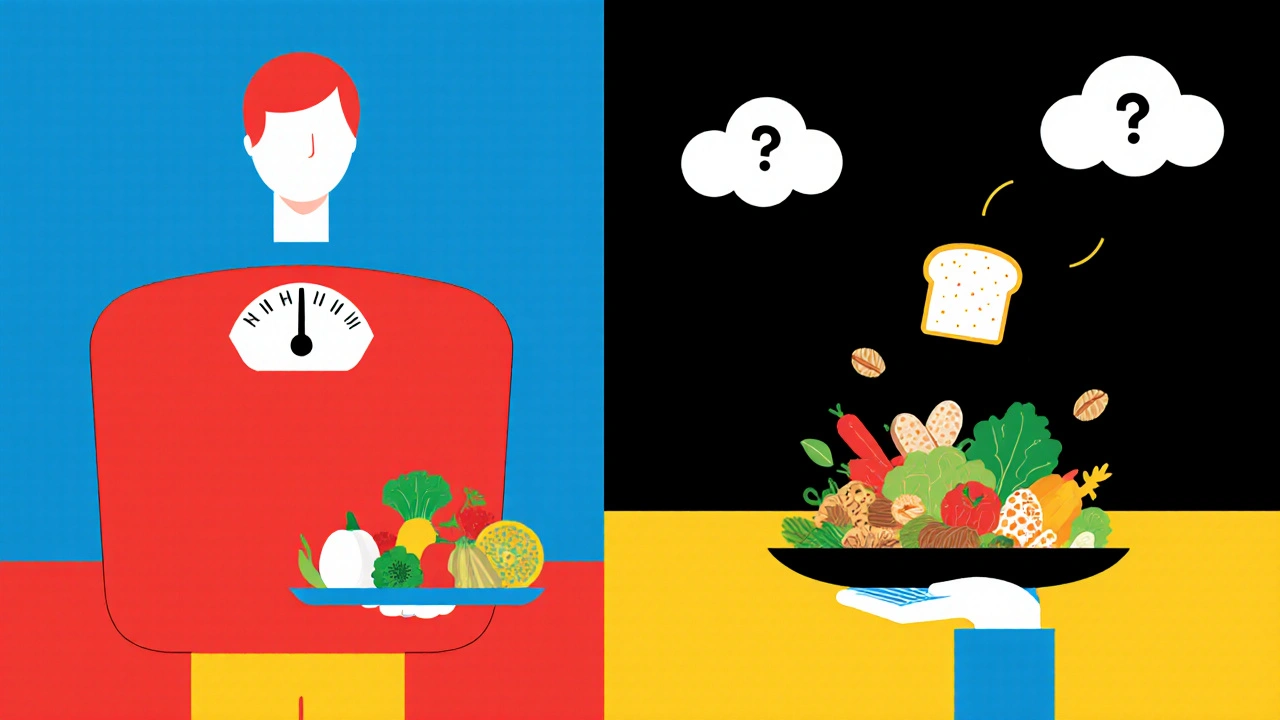 Personnage tenant un plat sain et rejetant des aliments transformés dans un vide noir, style De Stijl.