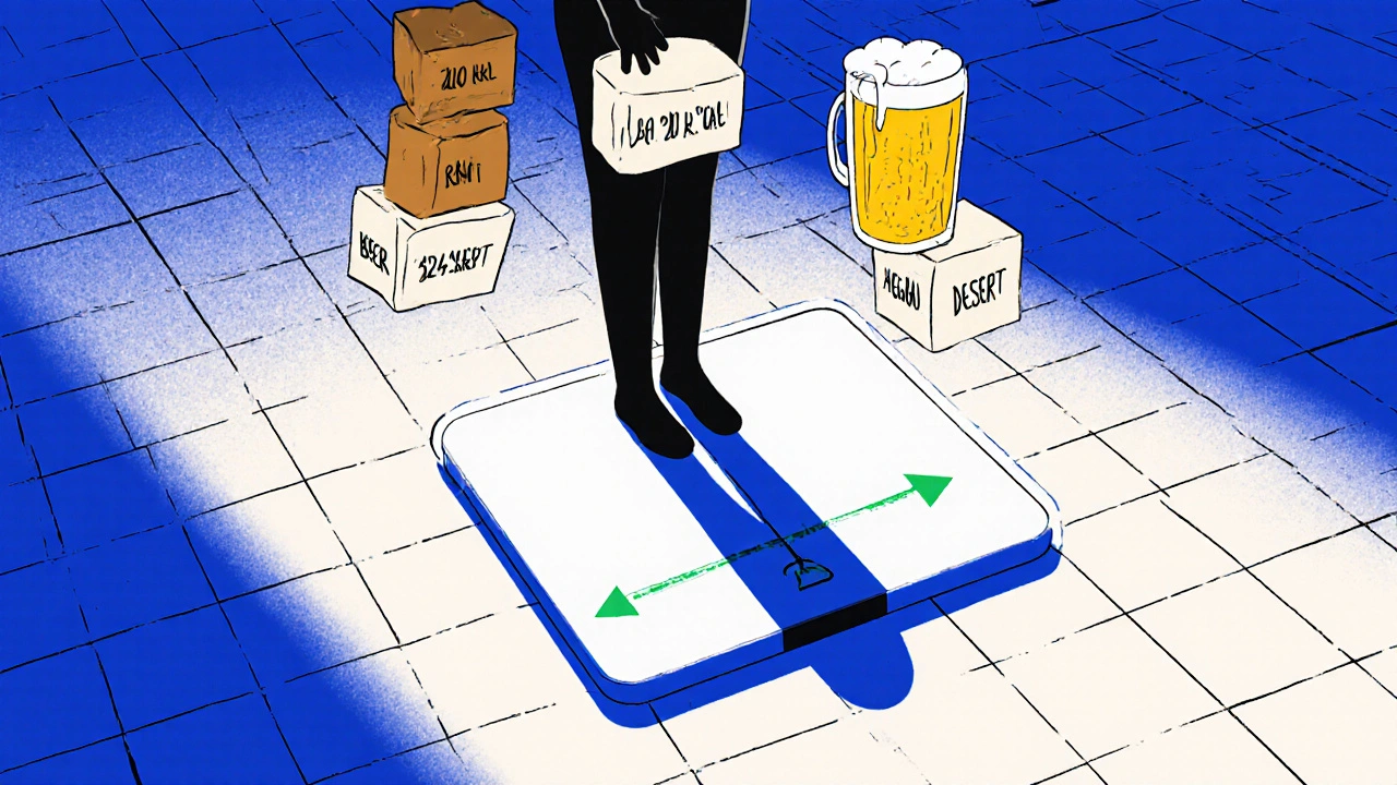 Personne se pesant dimanche soir avec des blocs caloriques flottants au-dessus d&#039;elle.