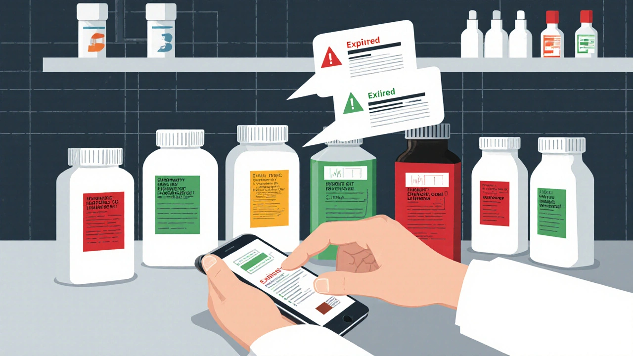 Pharmacien utilisant un smartphone pour scanner des boîtes de médicaments avec des indicateurs de péremption colorés.