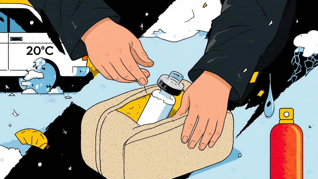 Sac isolé en laine et bouteille tiède protégeant une ampoule d&#039;insuline du gel en hiver.