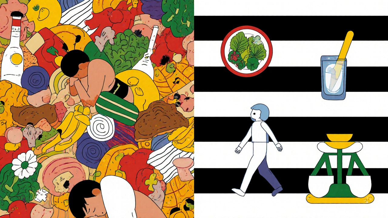 Scène comparée : chaos alimentaire à gauche, routine équilibrée à droite en style De Stijl.