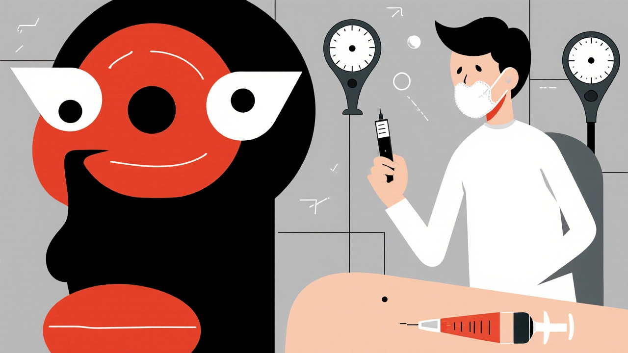 Scène divisée : gonflement du visage à gauche, test allergique à droite, formes géométriques et couleurs primaires.