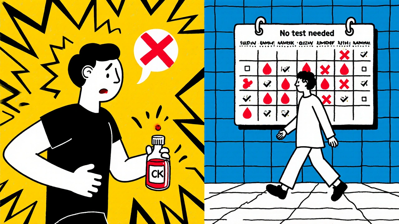 Scène divisée : patient anxieux avec test CK après sport à gauche, patient calme sans test à droite, entouré de symboles de tests inutiles barrés.