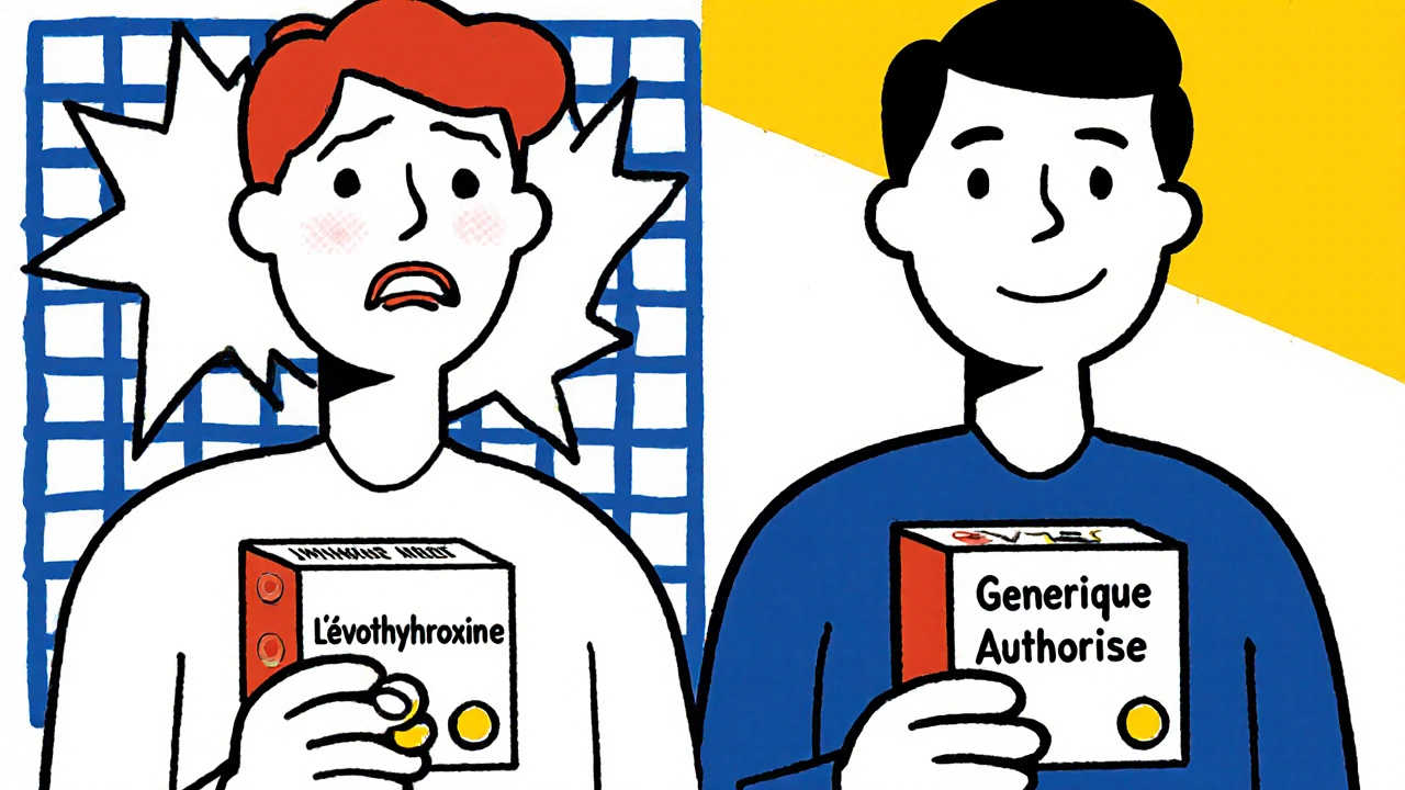 Scène divisée : patient malade avec un générique classique à gauche, apaisé avec un générique autorisé à droite, en style De Stijl.