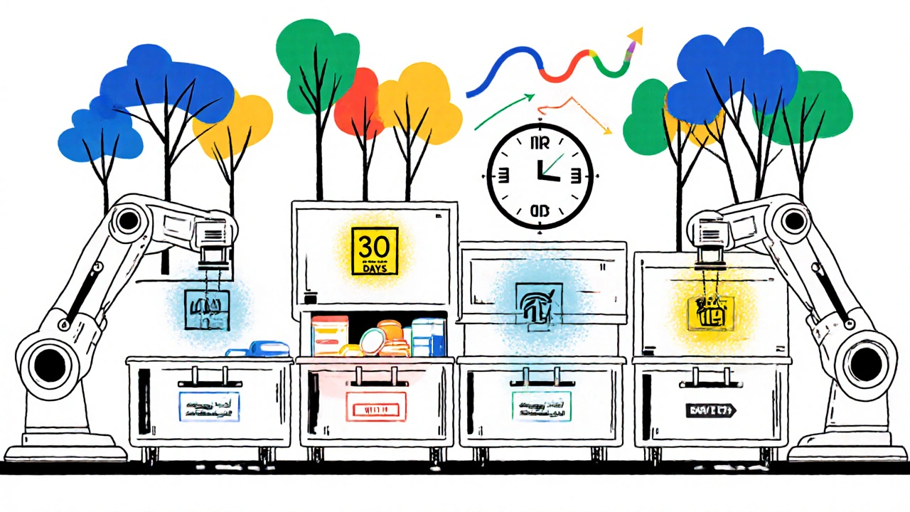 Système automatisé de pharmacie avec des bras robotiques et des graphiques prédictifs en style De Stijl.