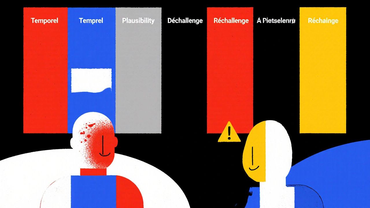 Tableau médical abstrait avec quatre barres colorées montrant les critères de causalité d&#039;un effet secondaire.
