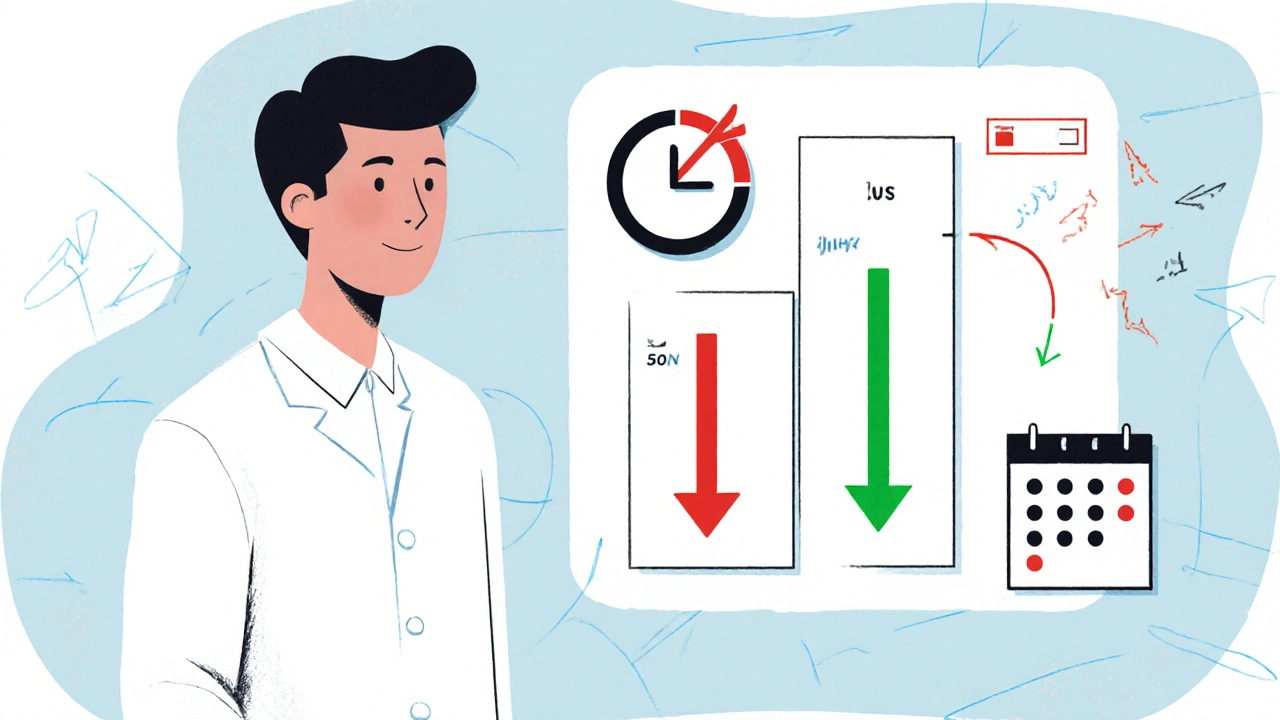 Tableau numérique de gestion de stock avec lignes de minimum et maximum, alertes d&#039;expiration et flèches de réapprovisionnement.