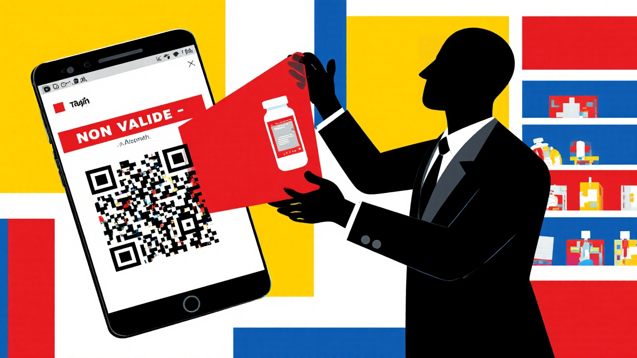 Téléphone affichant un code QR invalide, tandis qu&#039;une silhouette cache un médicament contrefait sur une étagère.