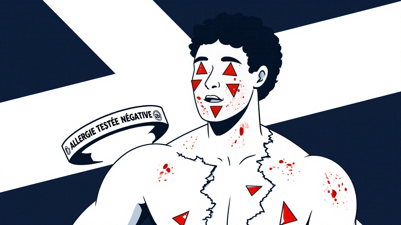 Torse avec peau qui se détache en fragments, lésions abstraites dans la bouche, bracelet d&#039;alerte médicale visible.