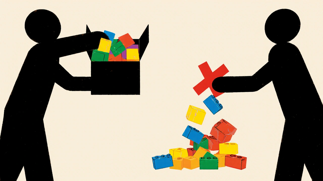 Transfert de microbiote sain sous forme de blocs colorés vers un patient, tandis que des comprimés d&#039;antibiotiques en forme de briques tombent avec une croix rouge.