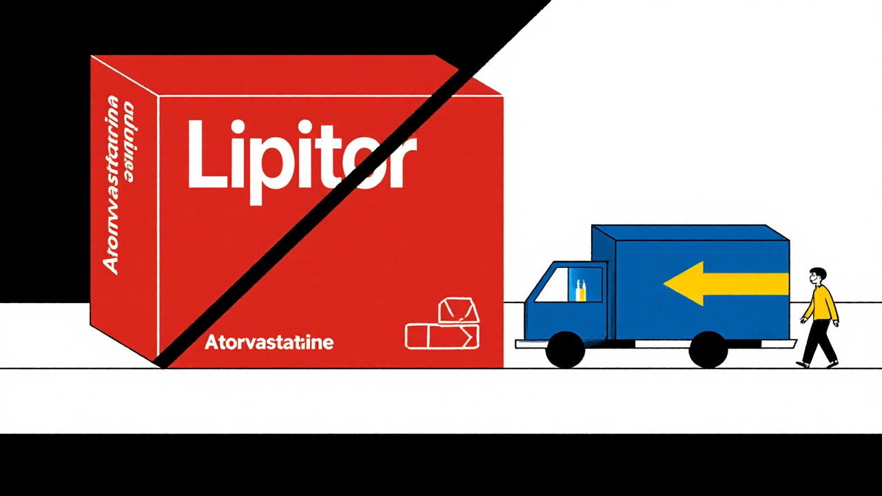 Transition d&#039;un médicament de marque vers un générique, avec une livraison et un patient satisfait, représentés en styles géométriques.