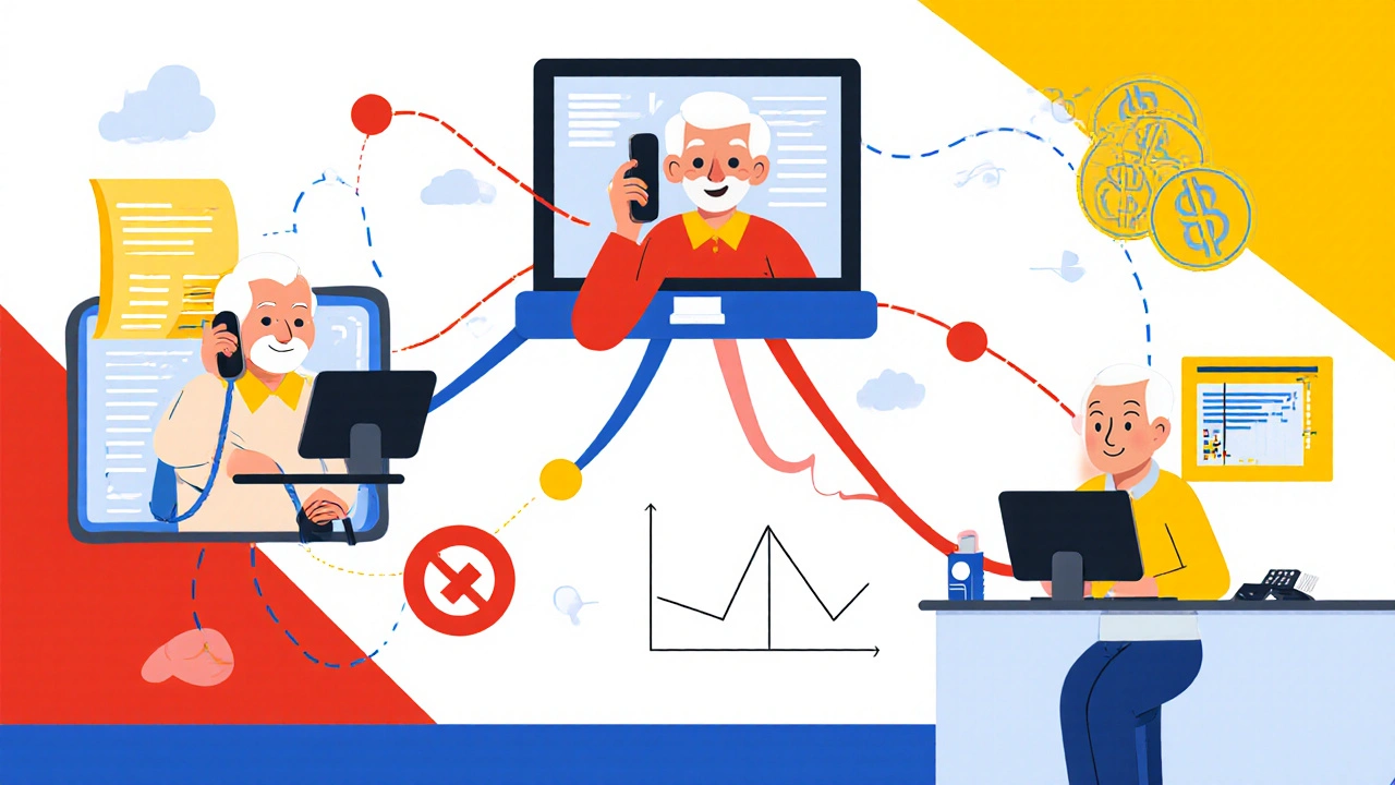 Trois personnes âgées connectées par des lignes colorées, représentant les façons de demander l&#039;aide médicamenteuse.