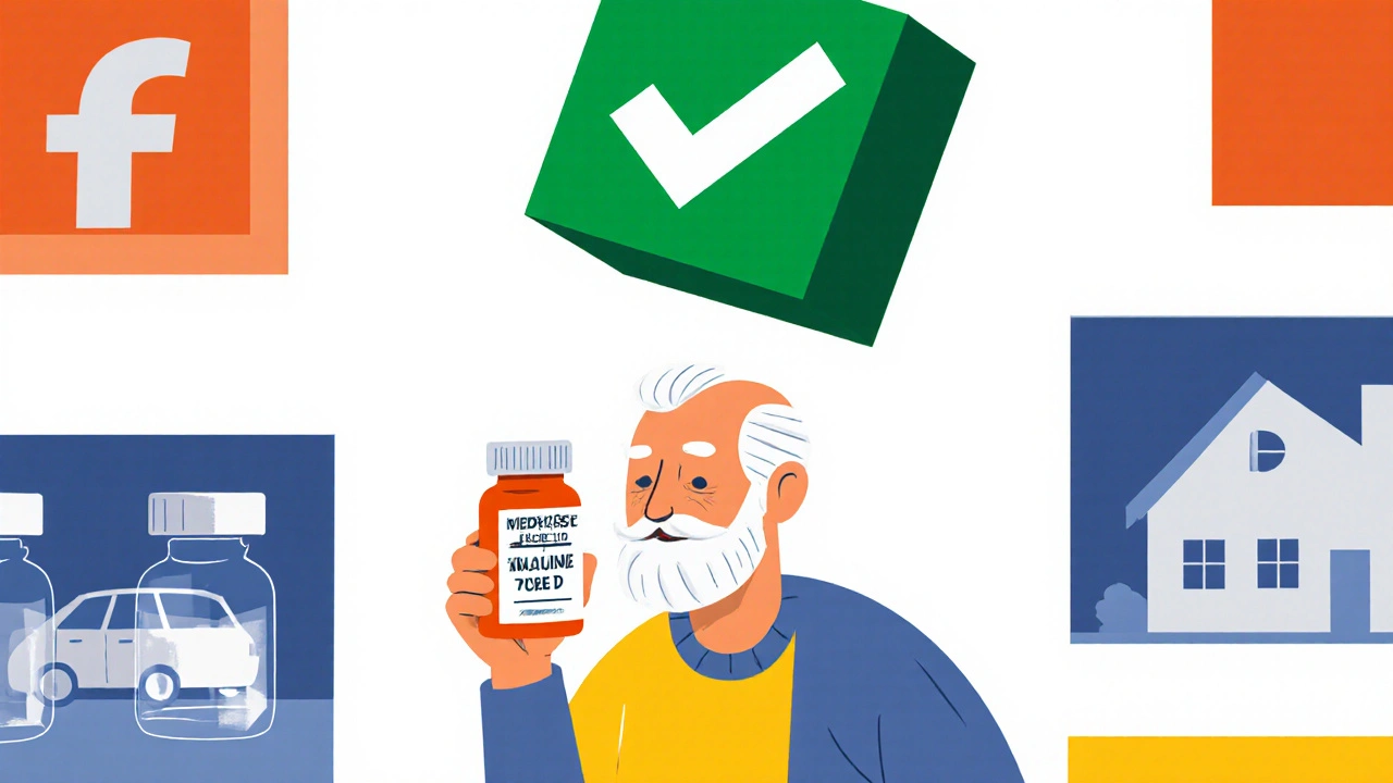 Un aîné tenant un médicament sous un coche vert, avec des symboles d&#039;aide médicale en couleurs primaires.